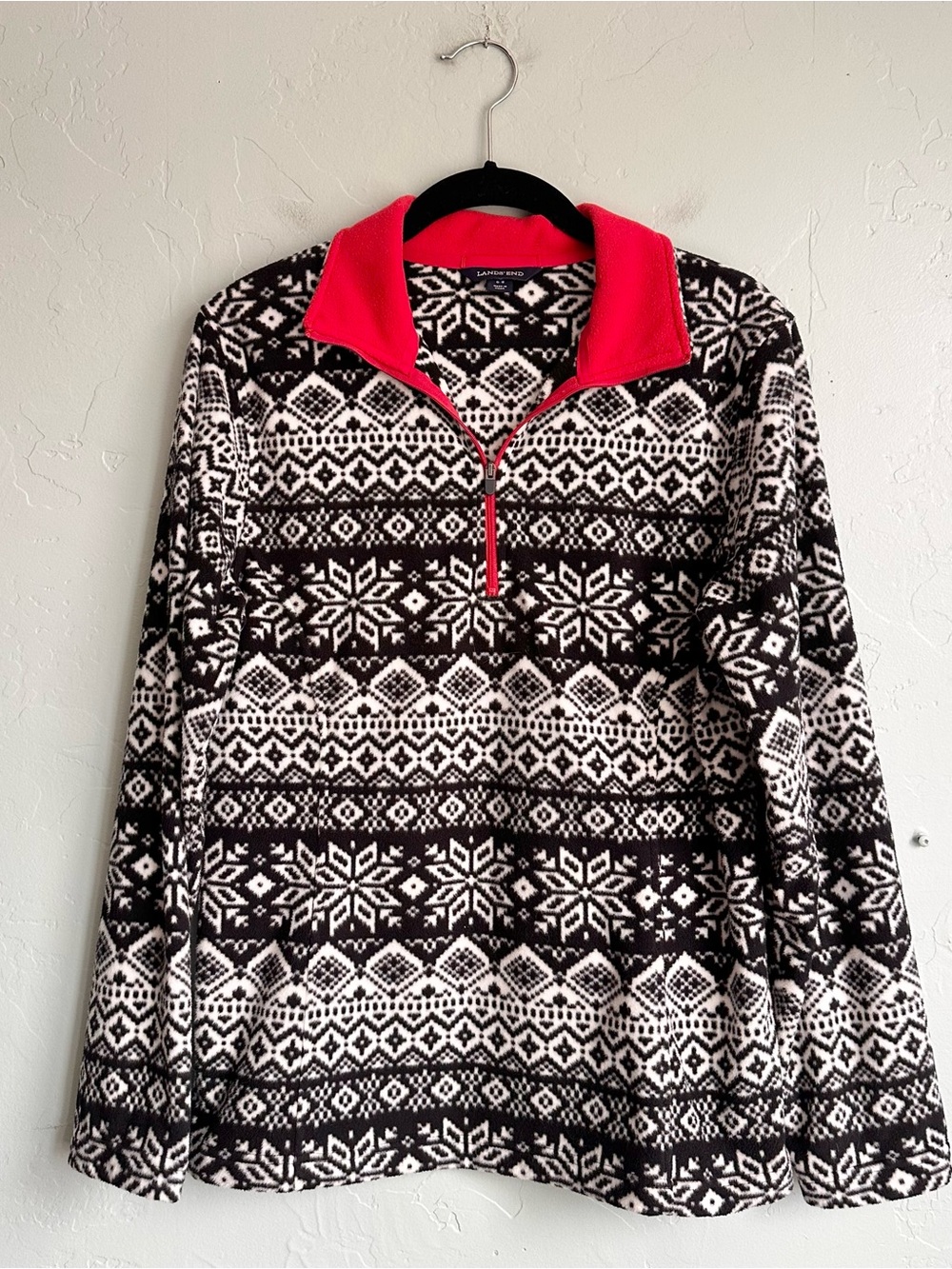 Lands' End Women's Black White Fair Isle Cozy Soft Fleece Pullover Size Small
